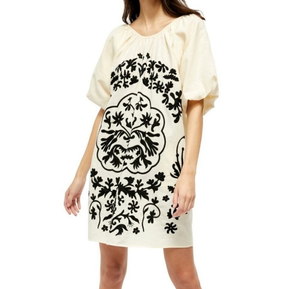 Free People Ivory & Black Heavily Embroidered Puff Sleeve Mini Dress 100% Cotton